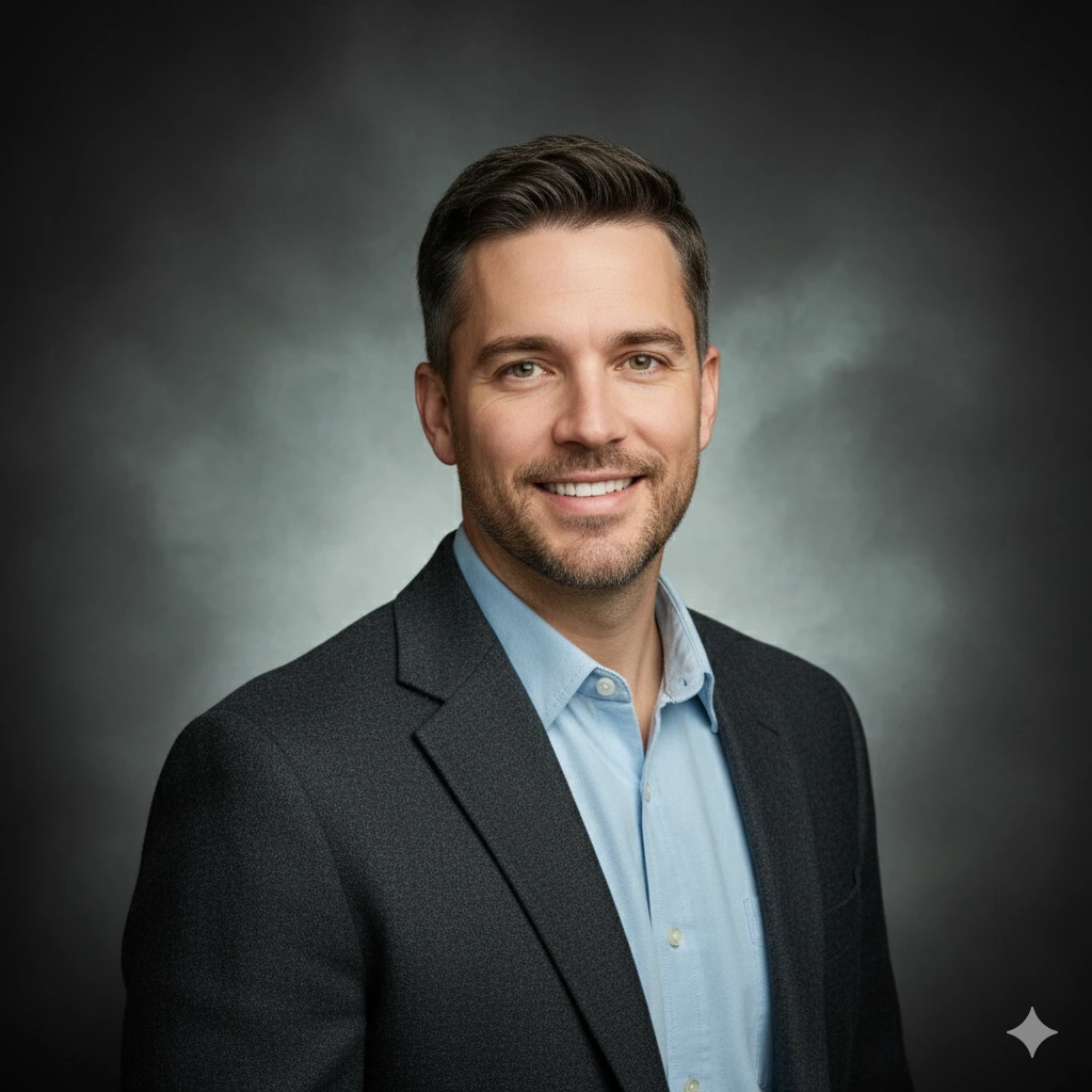 A professional corporate headshot of the same woman after using the AI generator.