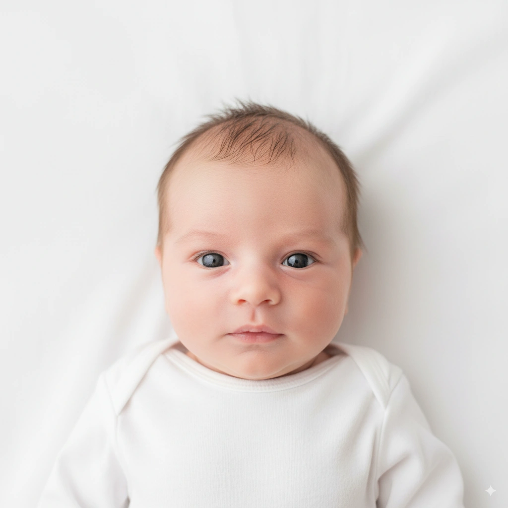 A compliant U.S. passport photo of a newborn baby lying on a white background.