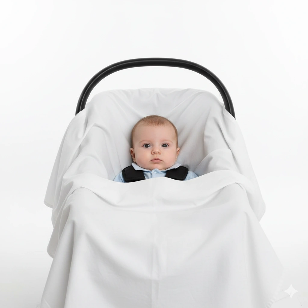 An illustration showing a baby safely positioned in a car seat covered with a white sheet for a passport photo.