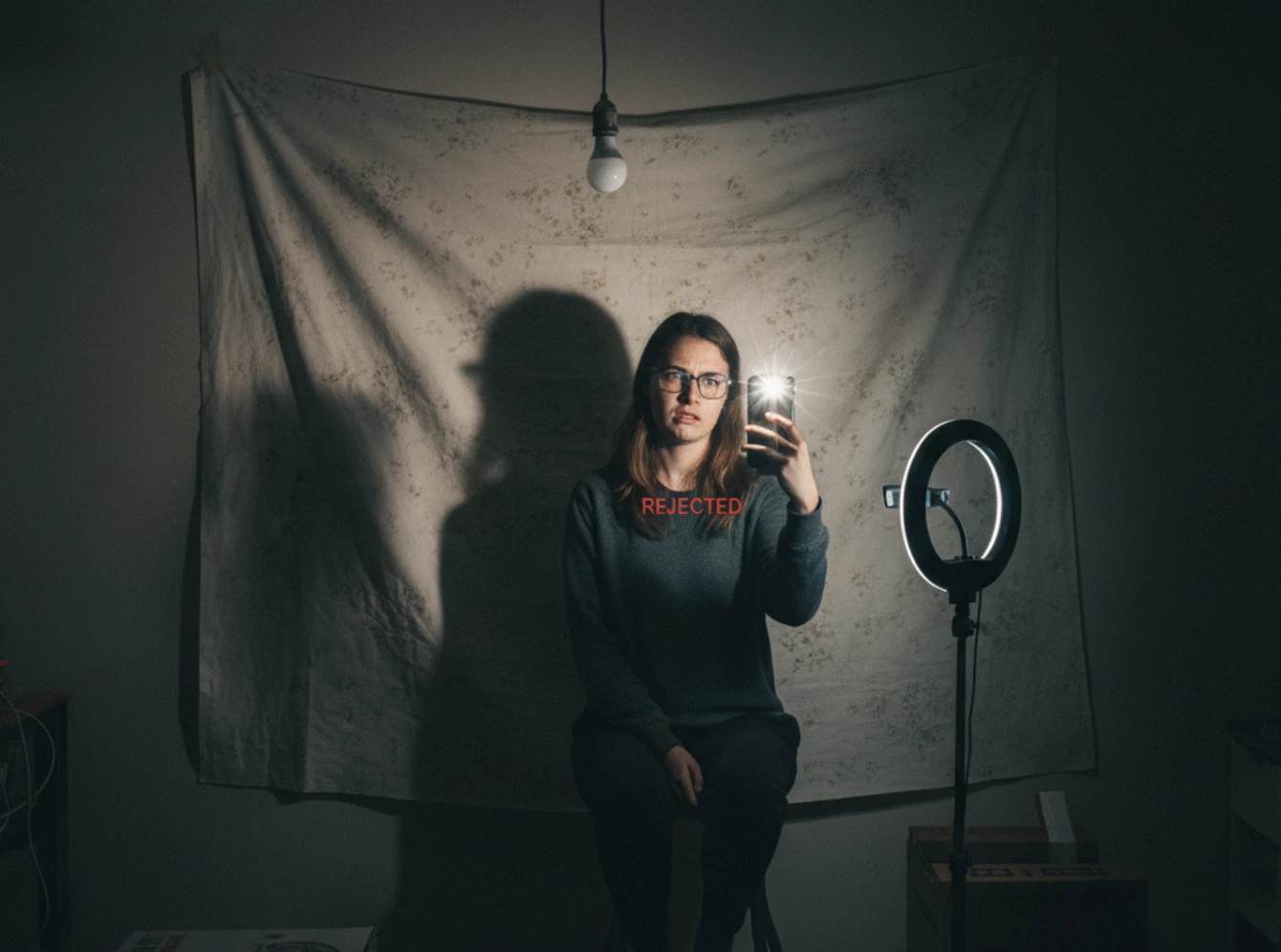 A humorous depiction of a bad DIY passport photo setup with poor lighting and a wrinkled sheet for a background.