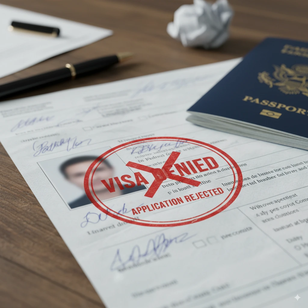 A passport application with a red rejected stamp.