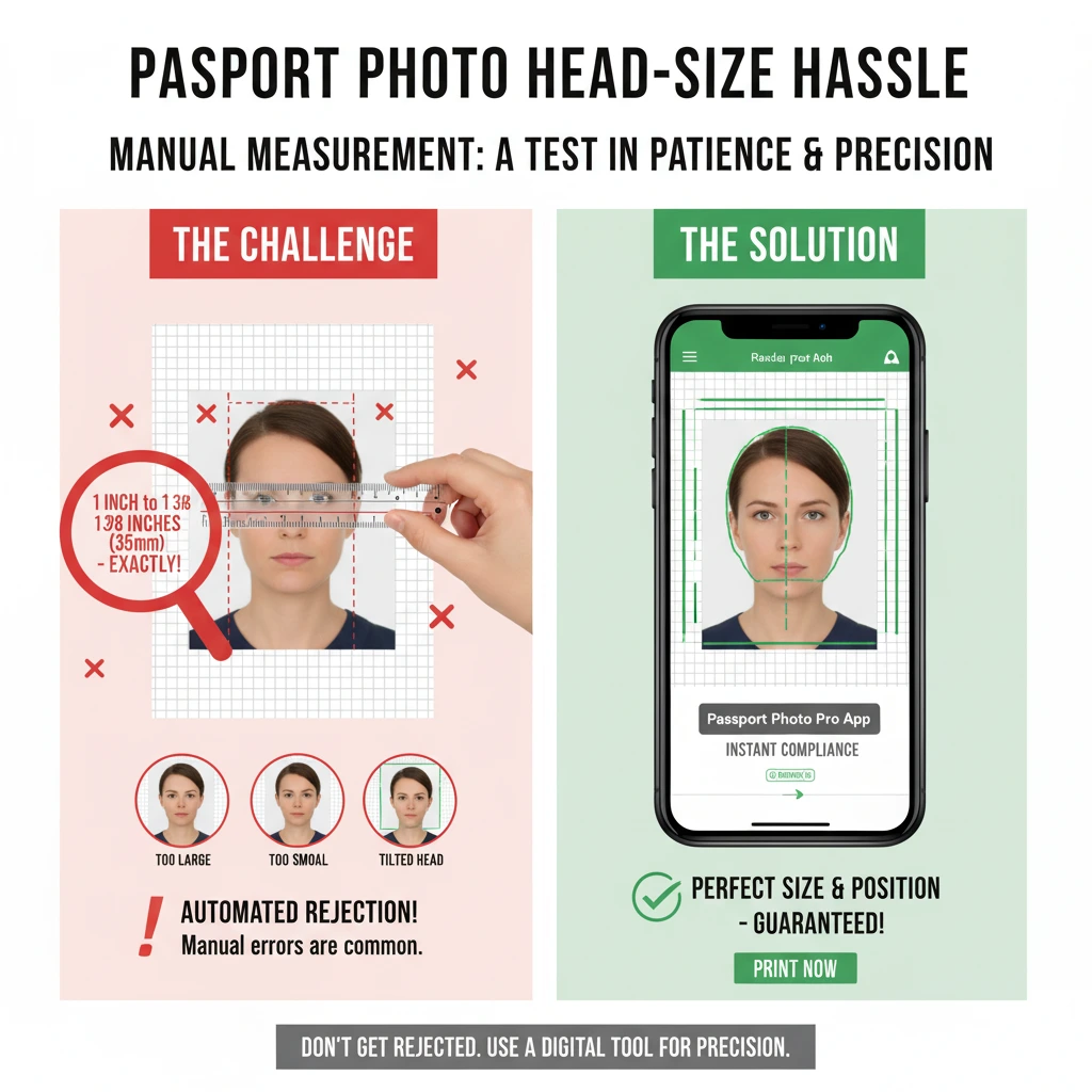An infographic showing how difficult it is to manually meet the precise head-size requirements for a passport photo.