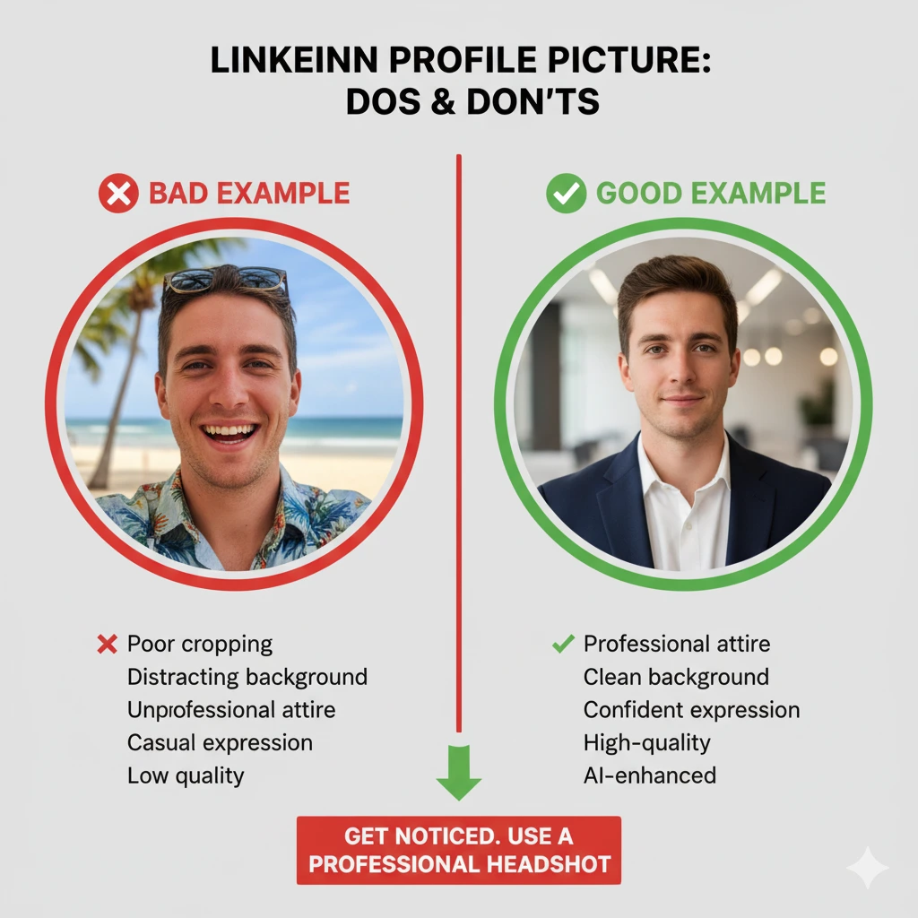 A side-by-side comparison of a bad LinkedIn photo (cropped vacation picture) and a good one (professional AI headshot).