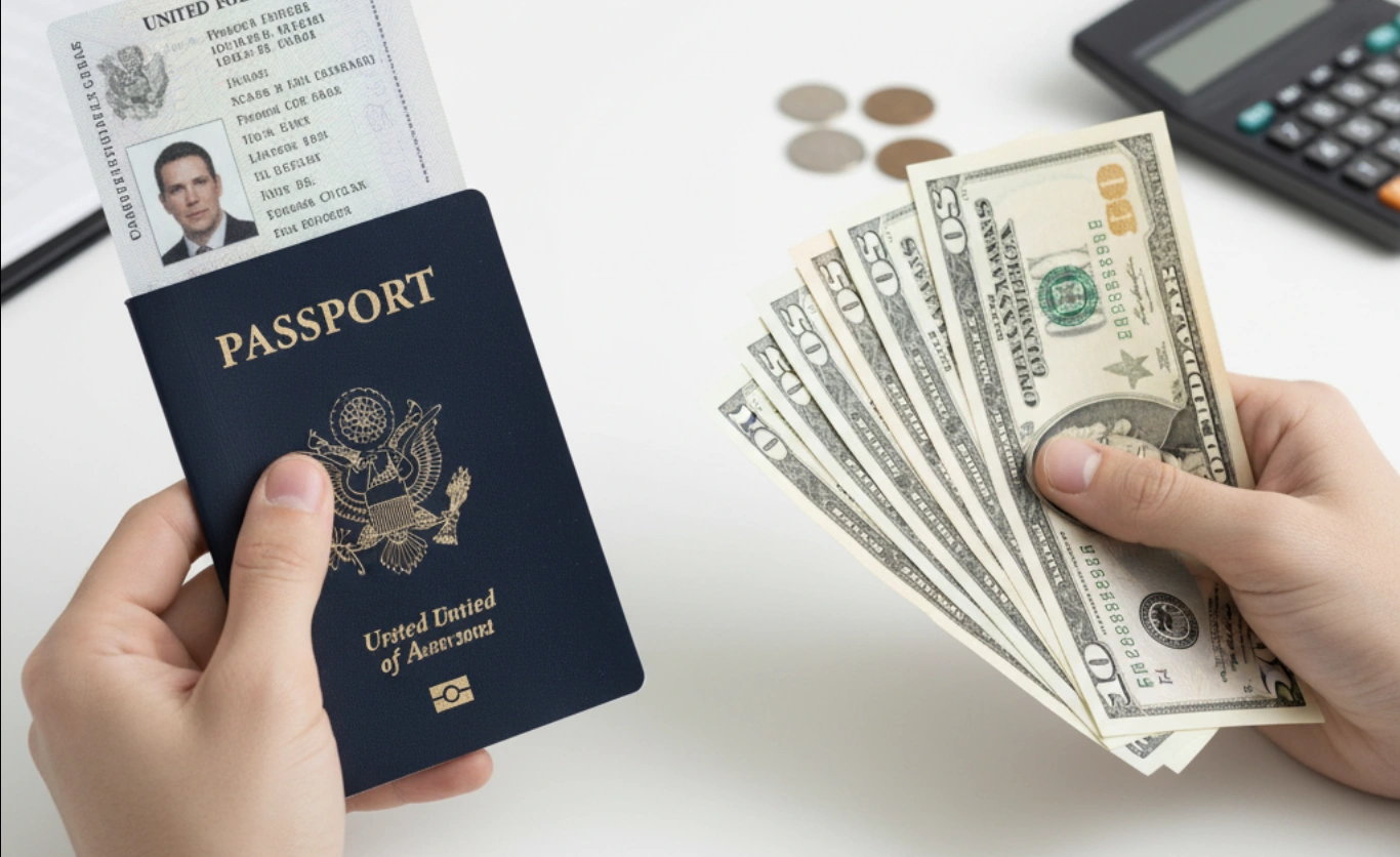 A passport next to cash, illustrating the cost of photos.