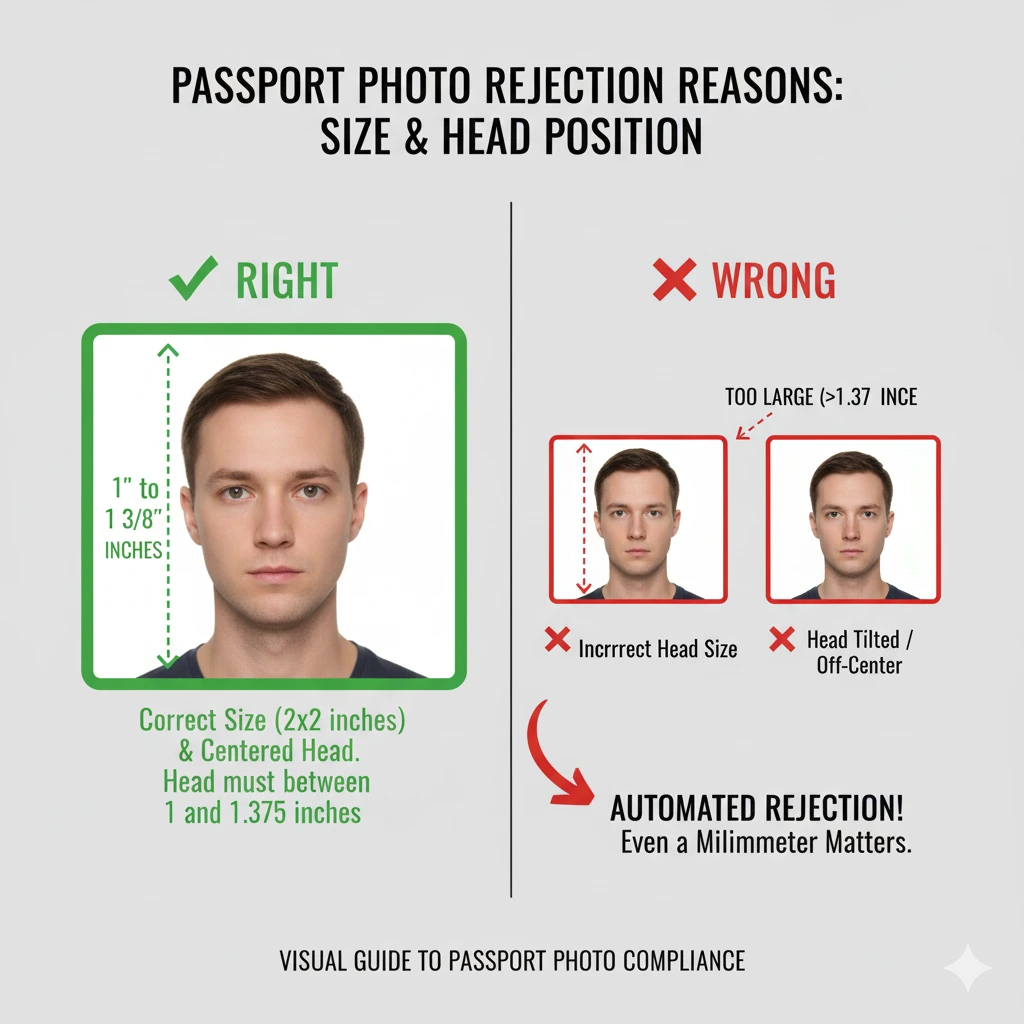 An infographic illustrating the correct 2x2 inch passport photo size and head positioning requirements.