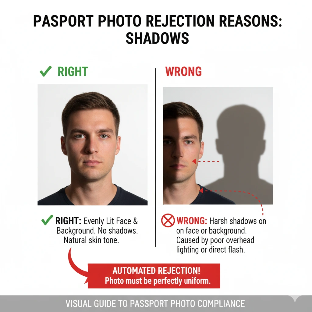 An infographic showing the difference between a photo with shadows and a correctly lit photo without shadows.