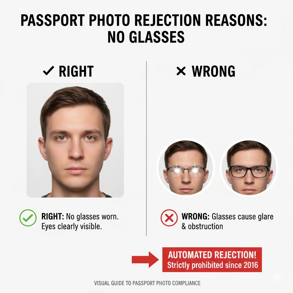 An infographic clearly stating 'No Glasses Allowed' with an icon of glasses crossed out.