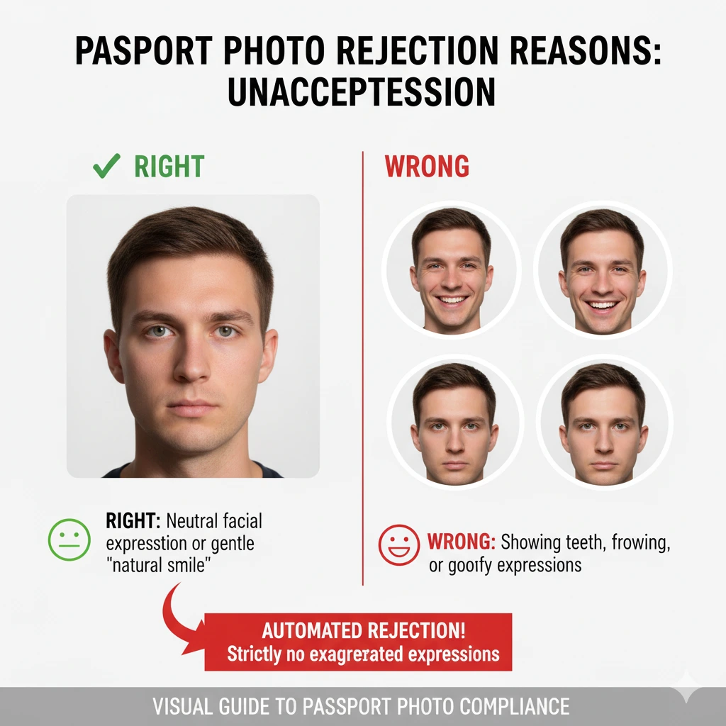 An infographic comparing an unacceptable, wide smile with an acceptable neutral expression for a passport photo.