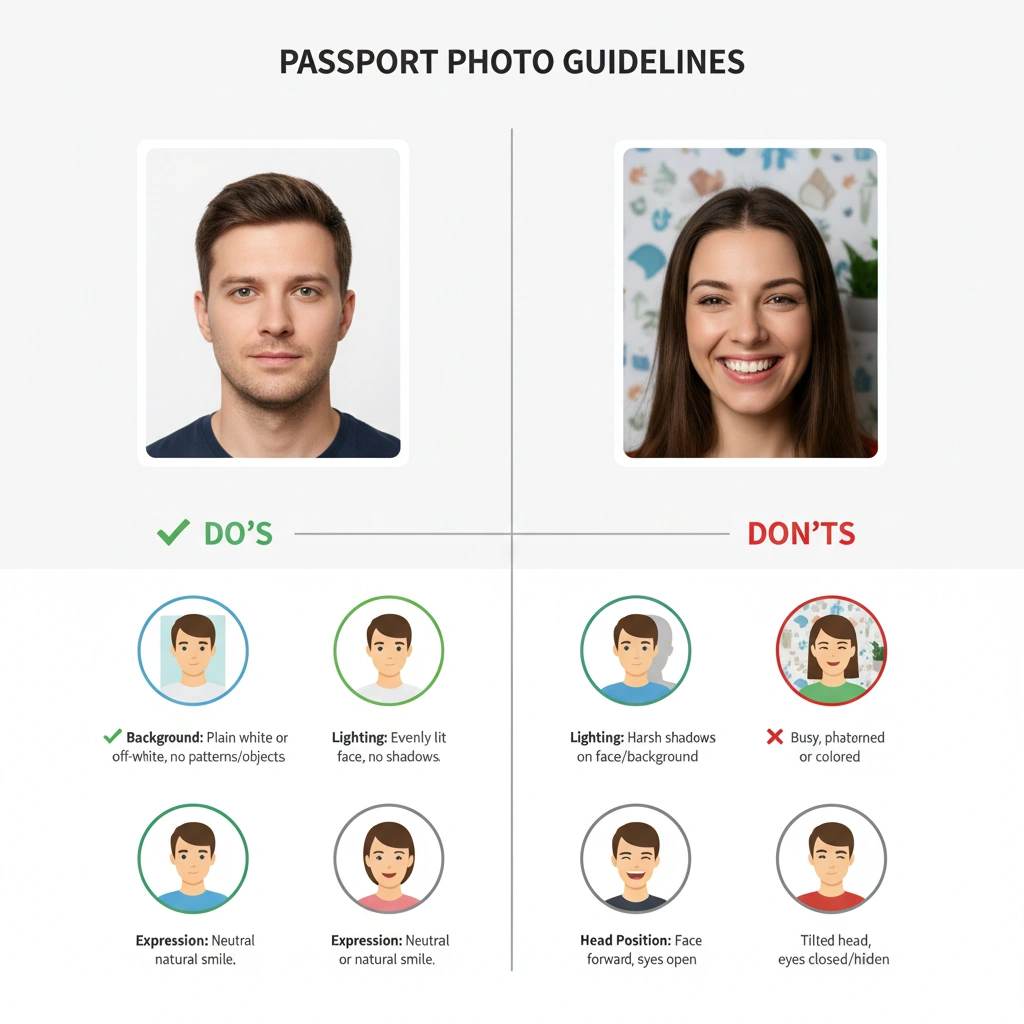 An infographic showing the do's and don'ts of passport photo poses, including proper lighting and neutral expression.