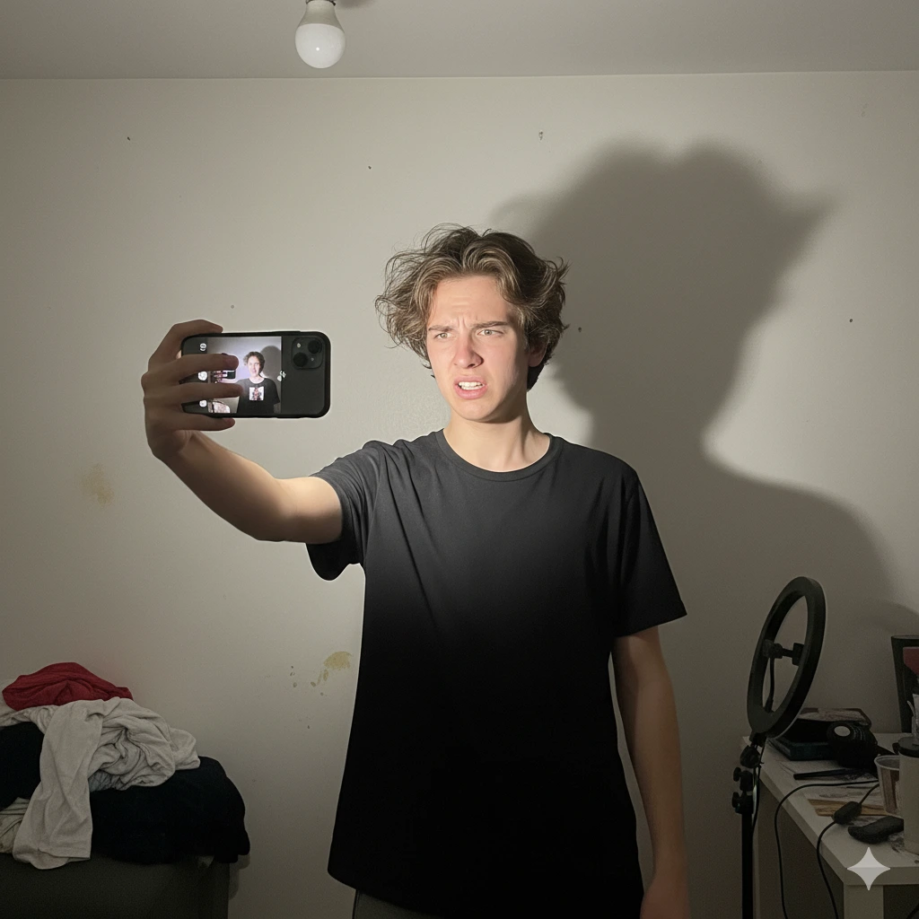 A person looking frustrated while trying to take a selfie at home.