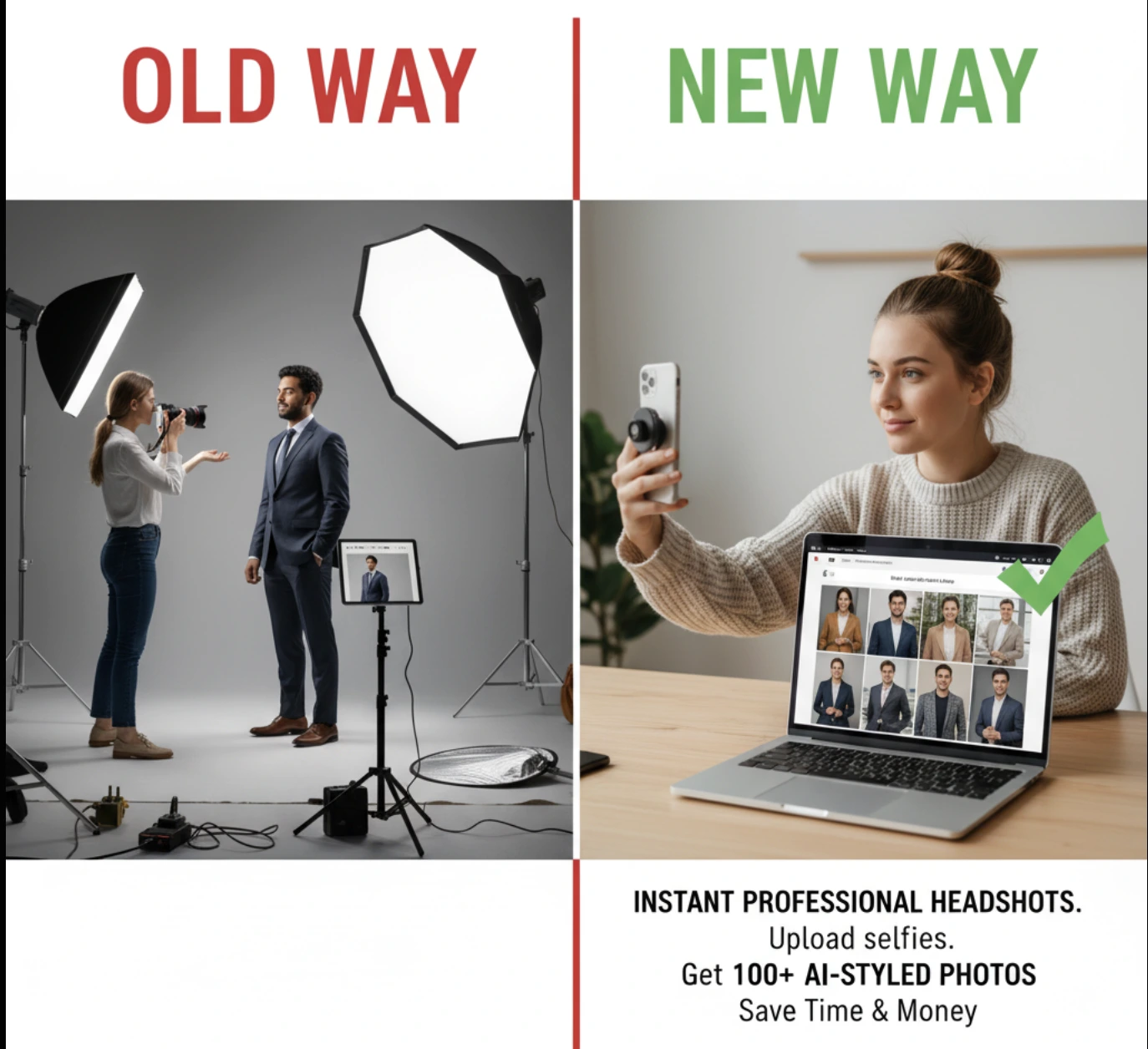 A professional photographer in a studio contrasted with an AI interface.