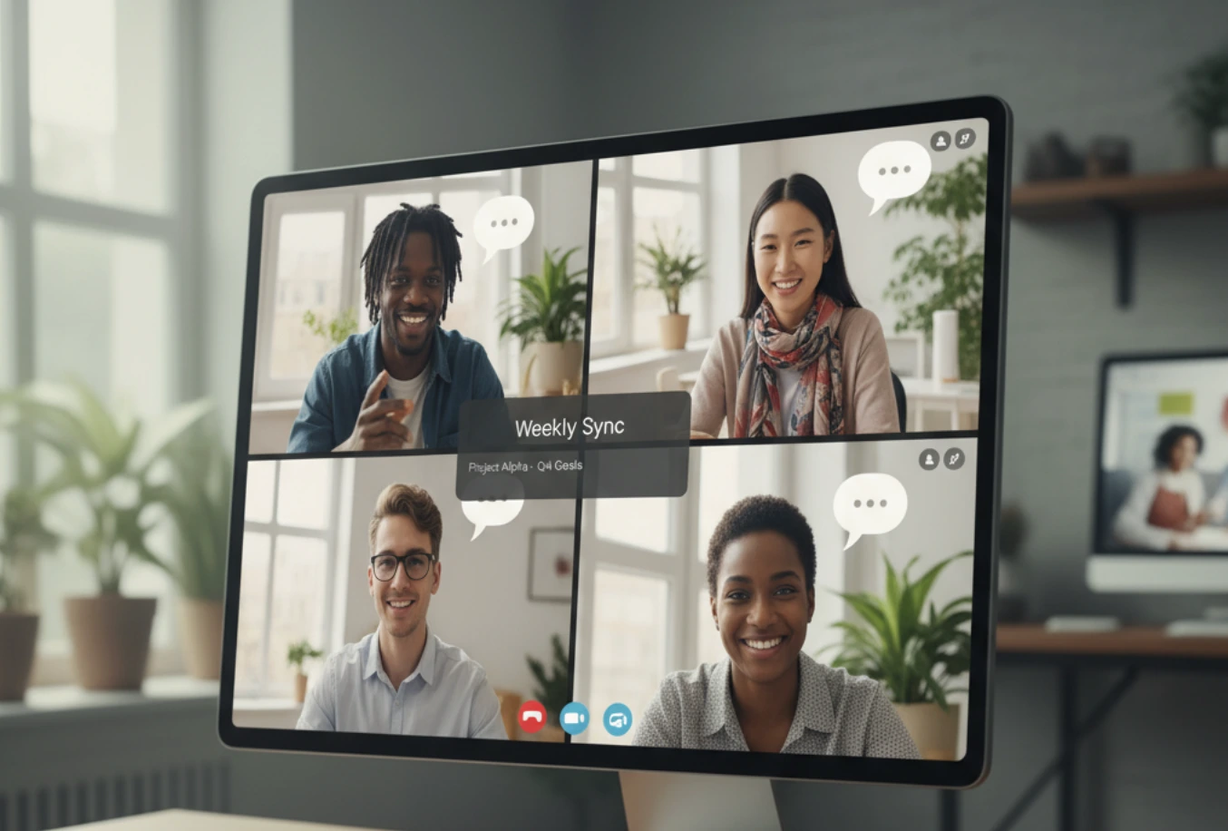 A diverse remote team collaborating effectively through video calls.